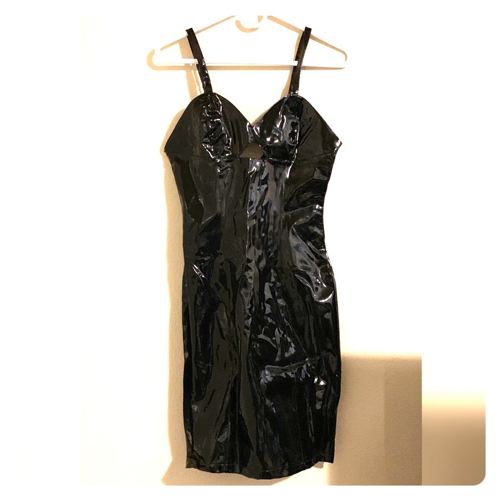 Black vinyl midi dress